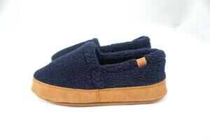 ACORN WOMEN MOC USED 5-6 NAVY BLUE/TAN FAUX FUR/FLEECE SLIPPERS